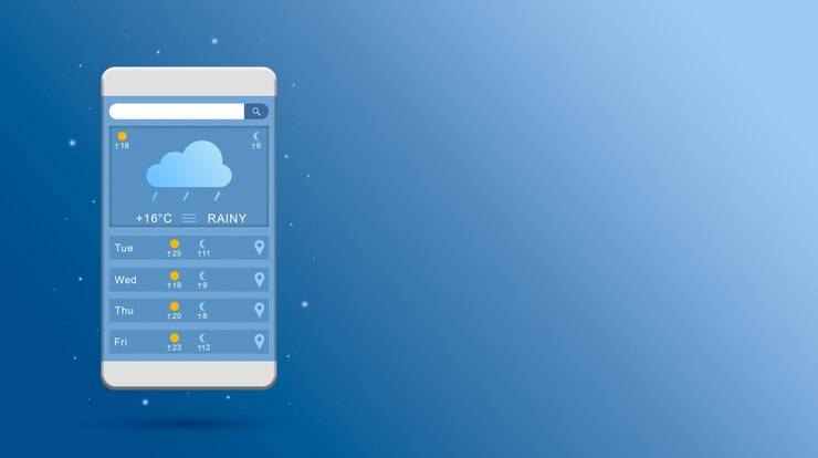 Photo rainy weather forecast on phone screen online widget rendering