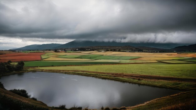 Photo rainy weather landscape with river tree and grass beautiful and relaxing background