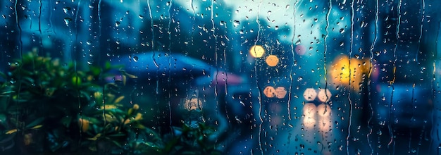 도시 불빛이 흐릿한 비가 오는 창문