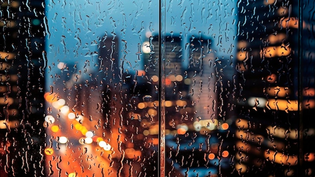 背景に街の景色を望む雨の窓