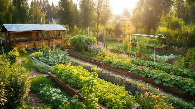 ハーブと野菜で満たされた上げ床が、他の 2 つの狭い庭園の中央に位置しています AI 生成