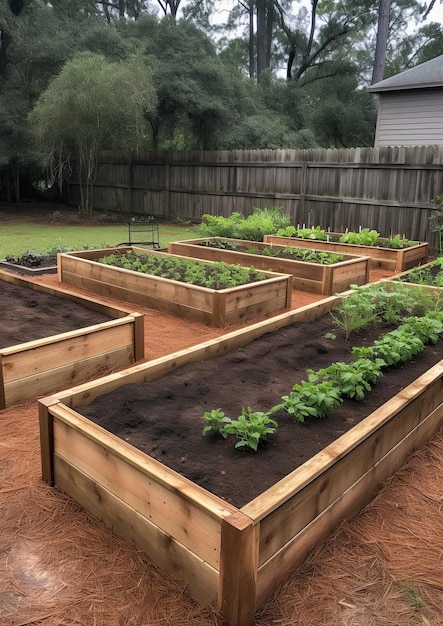 Photo raised bed garden with plants home gardening concept with raised bed gardens