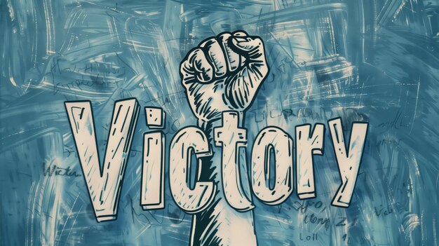 Raised fist in front of bold victory text over a textured blue background