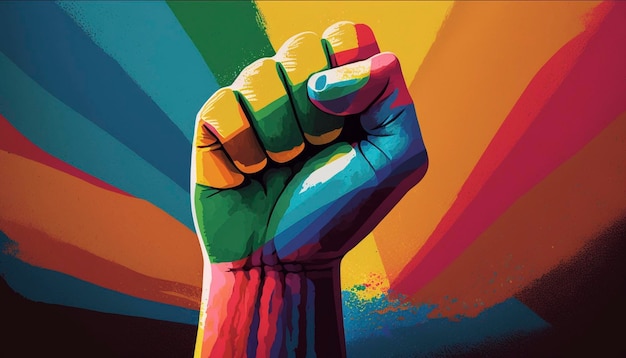 The raised fist of a man painted as the rainbow flag ai generative