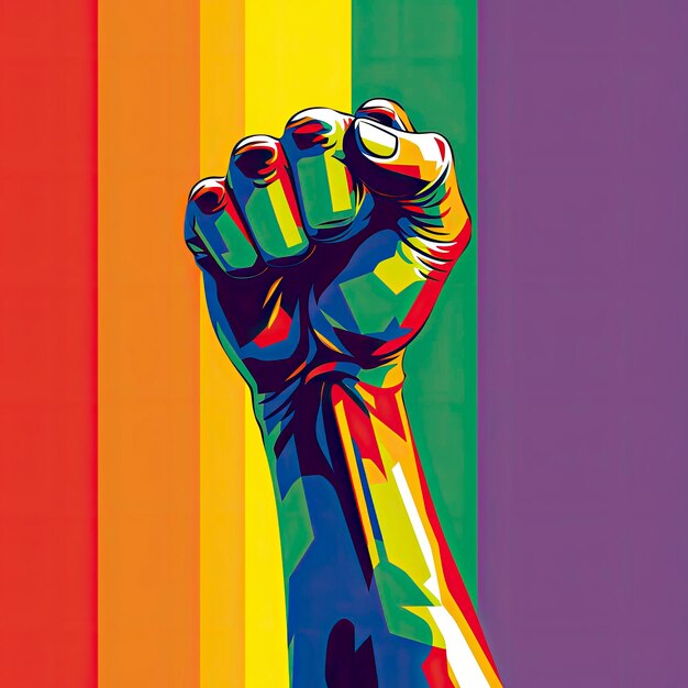 Raised fist painted in rainbow colors on a rainbow colors background