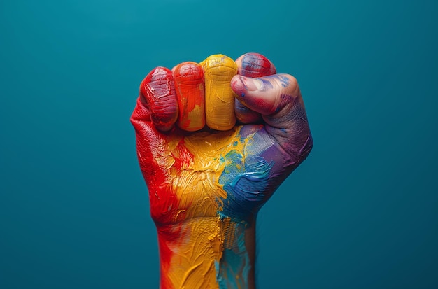 A raised fist painted with the pride rainbow on a colored background