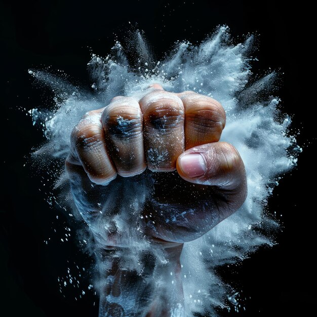 Photo raised fist with powder explosion power