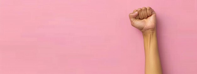 Photo raised fist of a woman on pink background with copy space international womens day and the feminis