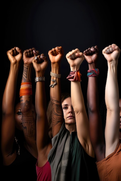 Photo raised fist of a women for international women day and the feminist movement march 8 for feminism