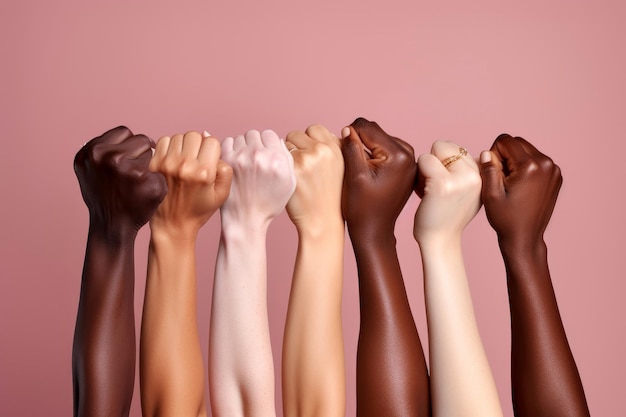 Photo raised fist of a women for international women day and the feminist movement march 8 for feminism