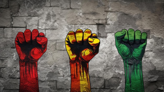 Поднятые кулаки рисуют на каменной стене в цветах желтый зеленый и красный июнь девятнадцатая свобода и африканский