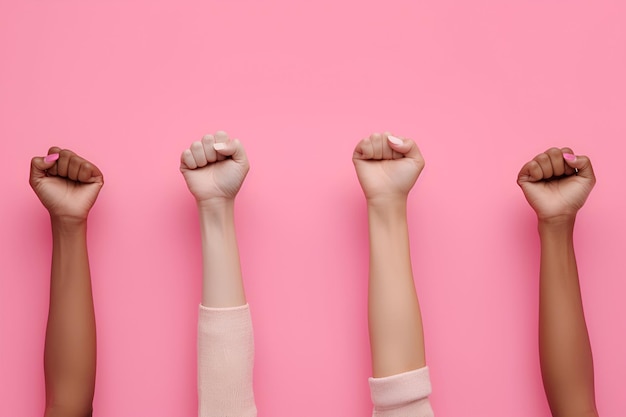 Поднятые кулаки женщин на розовом фоне.