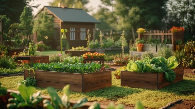 Photo raised garden beds with lush green vegetables in a backyard at sunset showcasing urban gardening