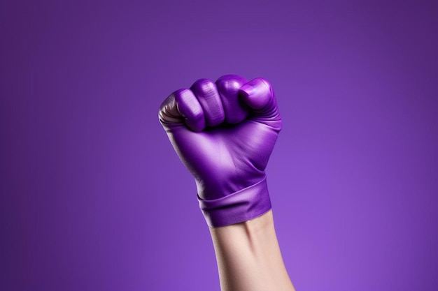 raised purple fist of a woman for international women's day and the feminist movement '