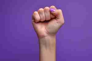 Photo raised purple fist of a woman for international womens day and the feminist movement