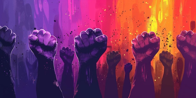 Фото Поднятые фиолетовые кулаки женщин к феминистскому движению за феминизм и независимость генеративный ии