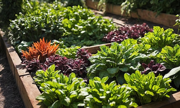 Raised wooden bed in backyard garden