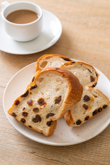 raisin bread with coffee cup for breakfast