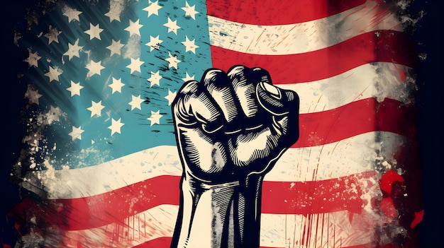 Raising human fist in the air in front of a us flag illustration ai generative