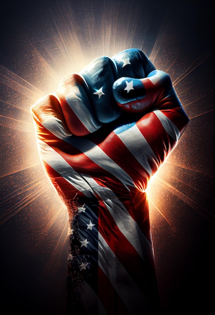 Raising human fist in the air usa us flag background symbol concept of protest resistance standing up for beliefs fighting for justice united states illustration digital generative ai design