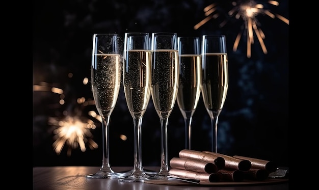 Поднятие тостов с бокалами шампанского в канун Нового года Создание с использованием генеративных инструментов искусственного интеллекта