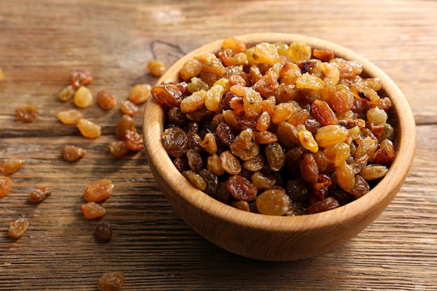 Raisins in bowl on wooden table closeup