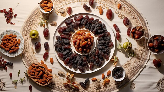 Photo raisins and dates on a plate on the table