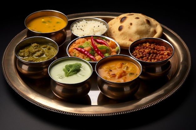 Rajasthani dal baati churma geserveerd in traditionele thali