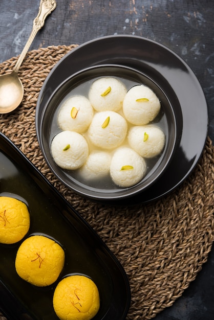 Rajbhog and Rasgulla or rosogolla are popular sweets offered to Goddess Durga in Navratri Festival, selective focus