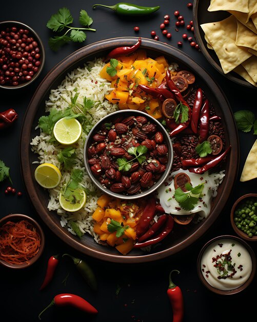 Papad 전통 인도 탈리 장식을 사용한 Rajma Chawal 인도 요리 문화 레이아웃 웹사이트