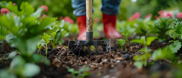 Photo rake being used to clear debris and till soil in community garden concept community garden farming tools gardening tips sustainable practices