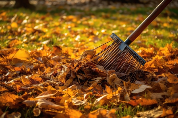 Rake And Pile Of Fallen Leaves On The Lawn In Autumn Park Generative AI