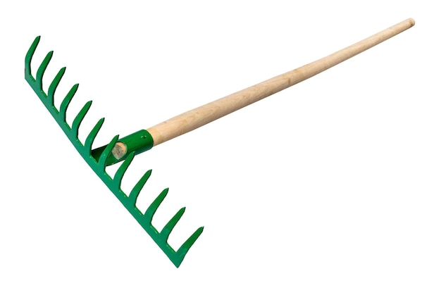 Rake with tines pointing up with handle isolated