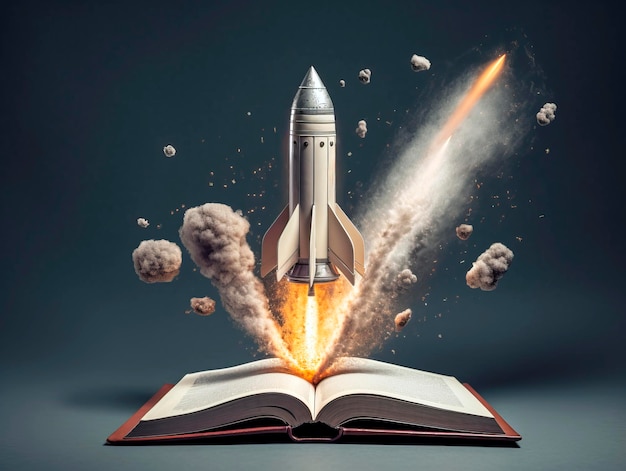 Raket begint met open boek Ruimtetuig lanceert met woordenboek Concept van een succesvolle start van een bedrijf en onderwijs Creatief idee Ai Generatieve illustratie