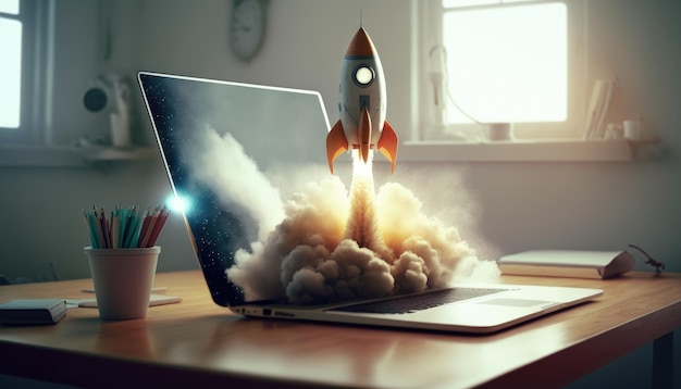 Raket die opstijgt vanaf het laptopscherm bovenop het succesvolle startup-concept AI van het bureau