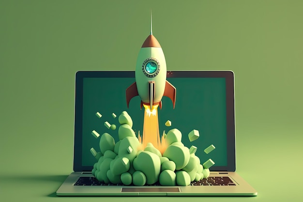 Raket en open laptop op groene achtergrond opstarten concept Digitale afbeelding AI