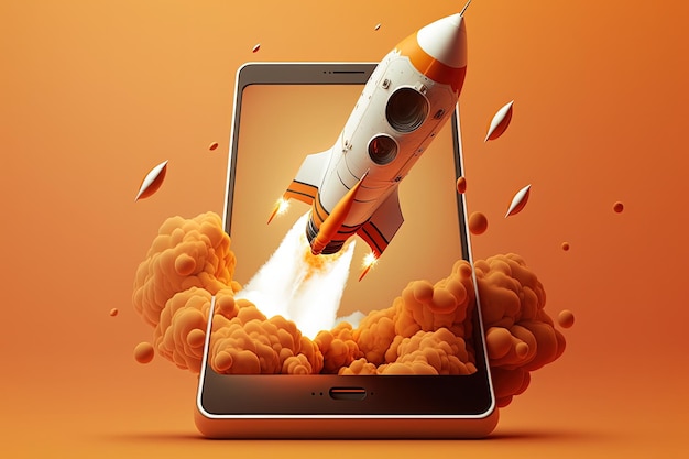 Raket komt uit het opstarten van het mobiele telefoonscherm concept oranje achtergrond Generatieve AI