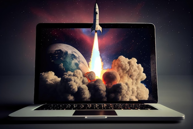 Foto raket schiet de ruimte in met de aarde op de achtergrond die uit een laptopscherm komt