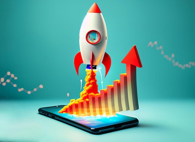 Raket stijgt omhoog met groei-ding grafiekbalk op mobiel Marketingtijd Startbedrijf Zakelijke successtrategie