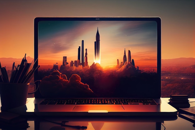 Raket vliegt uit laptopscherm met stad op de achtergrond en zonsondergang