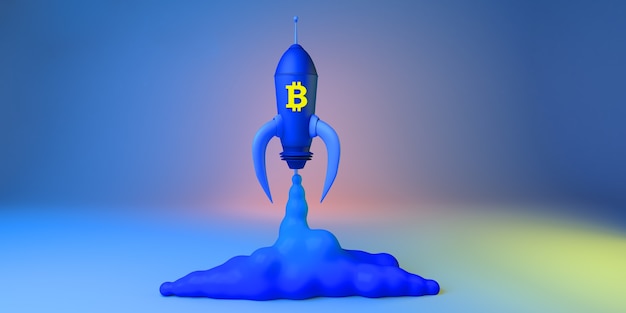 Foto raketlancering met bitcoin-symbool virtuele valuta takeoff banner