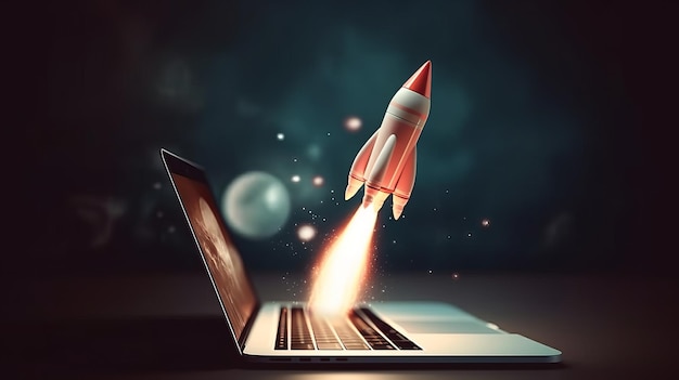 Raketlancering op laptop vliegend raketpictogram opstarten projectconcept