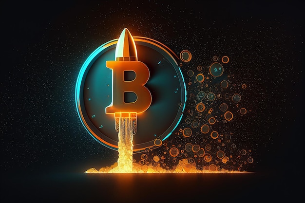 Raketwerper in het Bitcoin-logo vertegenwoordigt de stijgende prijs van cryptocurrencies die naar de maan gaat, generatieve AI