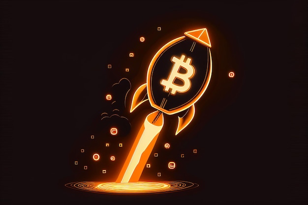 Raketwerper in het Bitcoin-logo vertegenwoordigt de stijgende prijs van cryptocurrencies die naar de maan gaat, generatieve AI