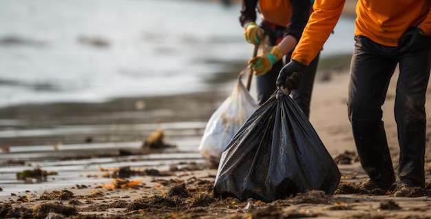 Rakewielding volunteers clean beach collecting rubbish in plastic bags