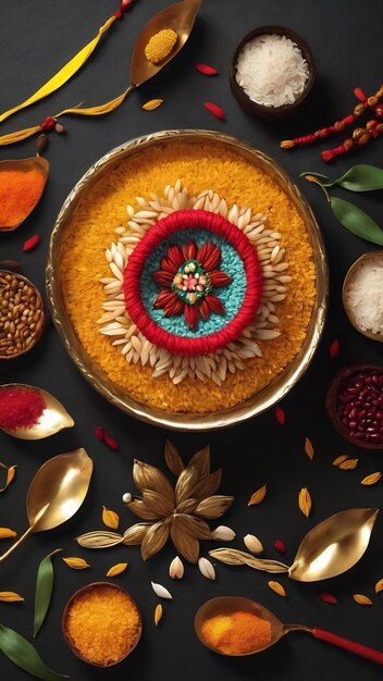 Rakhi met rijstkorrels en kumkum op zwarte achtergrond