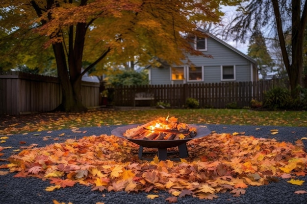 Raking leaves around a cozy backyard fire pit created with generative ai