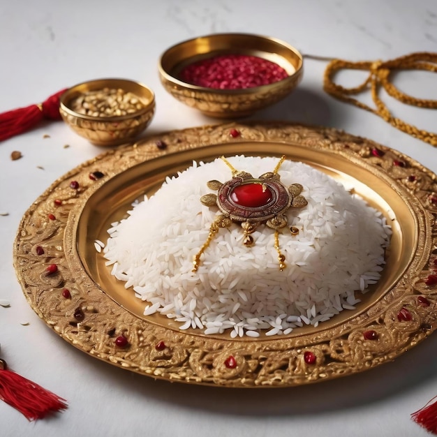 Raksha bandhan background with an elegant rakhi rice grains and kumkum on a white background