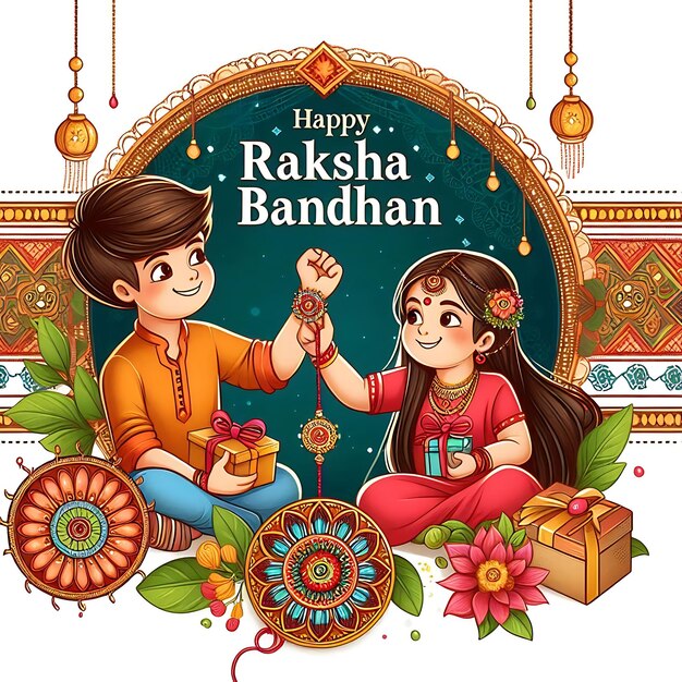 Photo raksha bandhan a poster for a boy and girl with a gift and a girl holding a gift