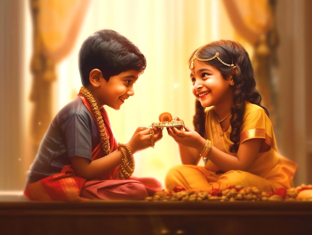 Raksha Bandhan Rakhi 배경에는 웃는 귀찮음과 여동생이 있습니다.